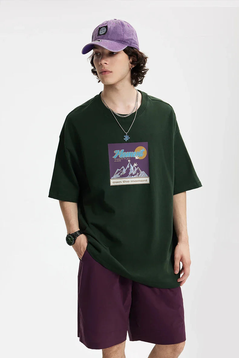 Block-Color Color Mountain Illustrated T-Shirt