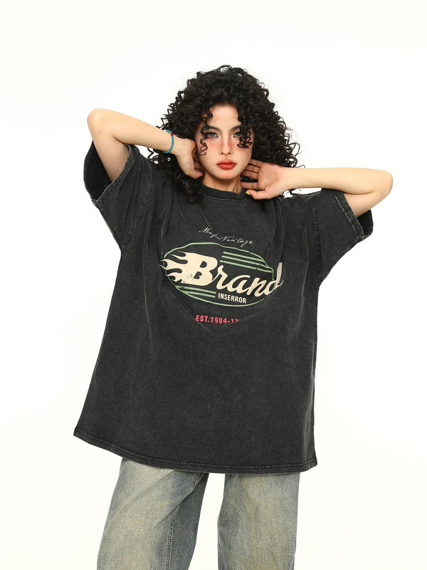 Retro-Faded Alphabet Print Breezy-Cut Cotton T-Shirt