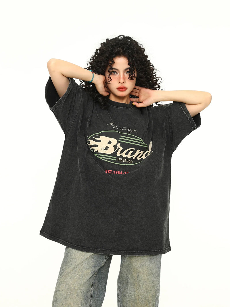 Retro-Faded Alphabet Print Breezy-Cut Cotton T-Shirt