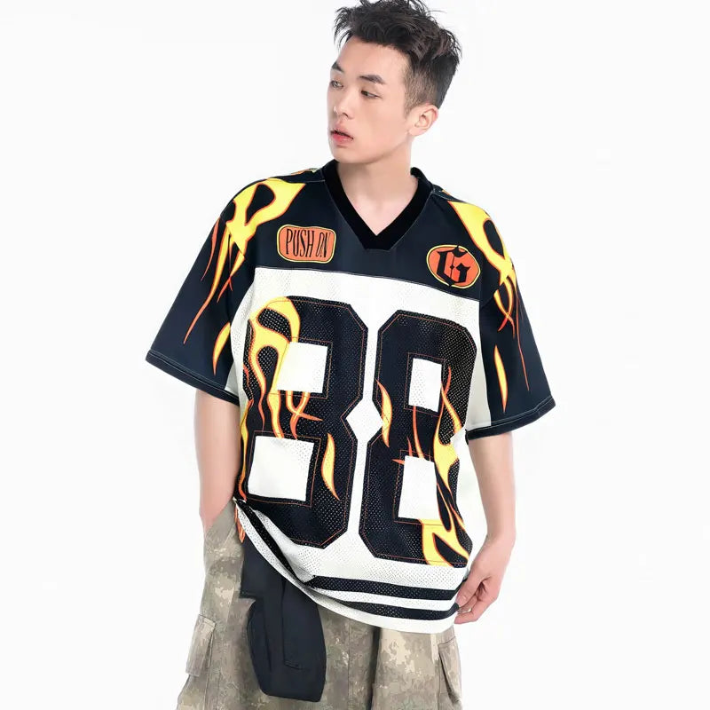 Concrete-Jungle Fire-Burst Illustrated Mesh Jersey Sport T-Shirt