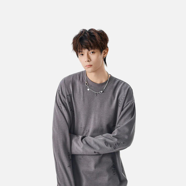 Worn-In Block-Color Color Crew Neck Long Sleeve T-Shirt