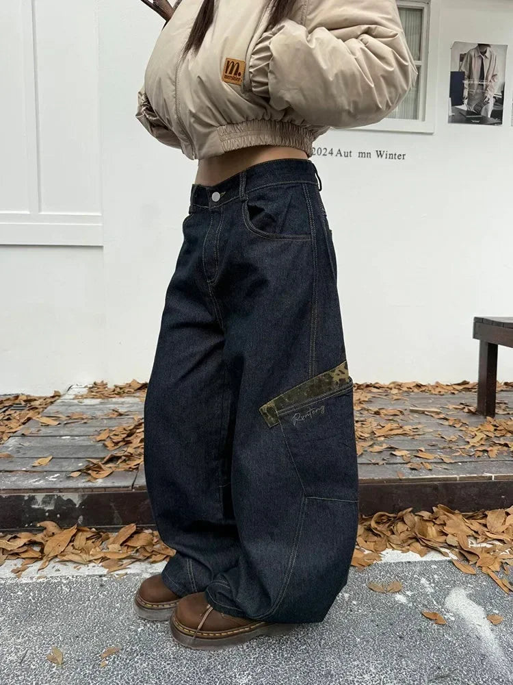 Chic Wild Print Spliced Urban Beat Utility Denim