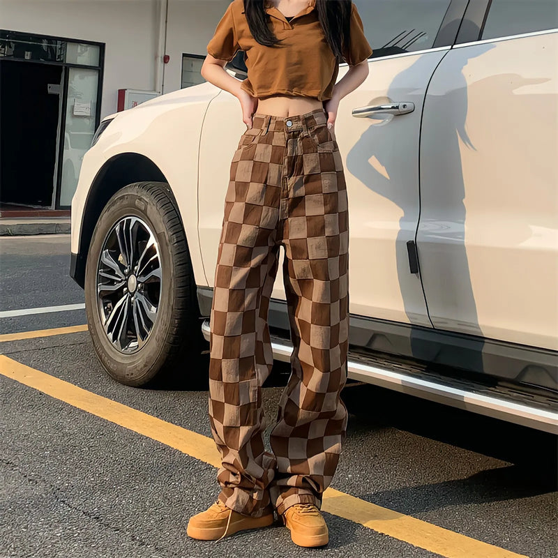 Caramel Plaid High-Rise Trousers
