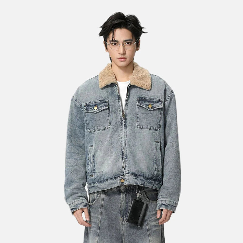 Metro Fold-Down Fur Collar Washed Denim Jacket
