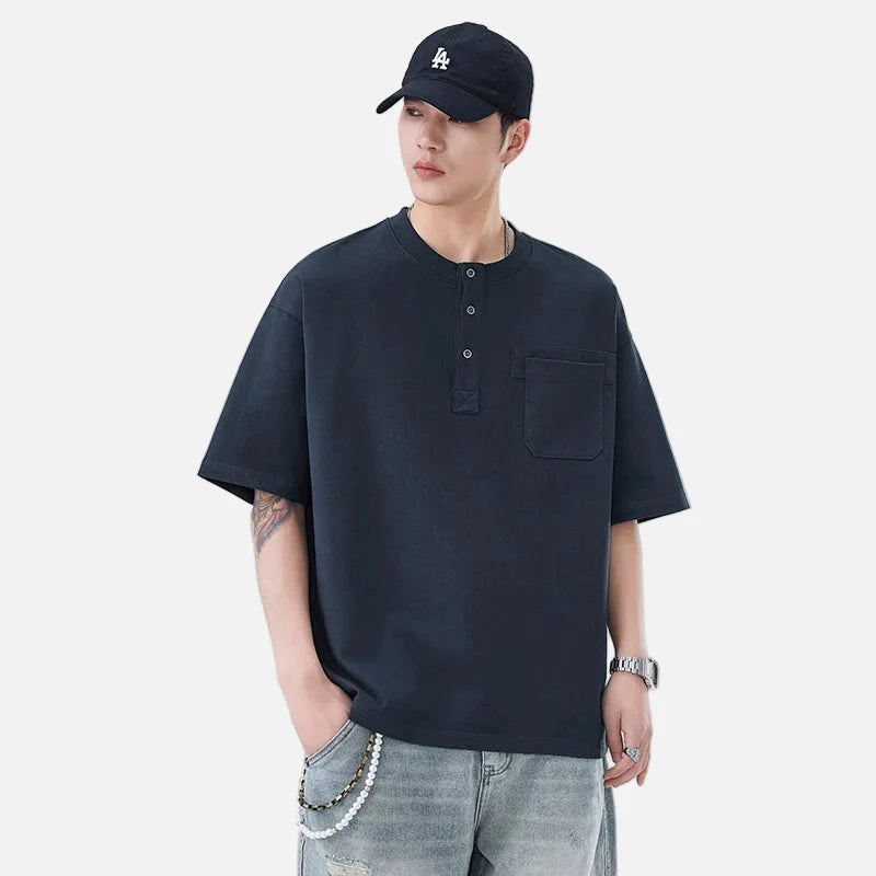 Neck Henley Heavyweight Versatile T-Shirt