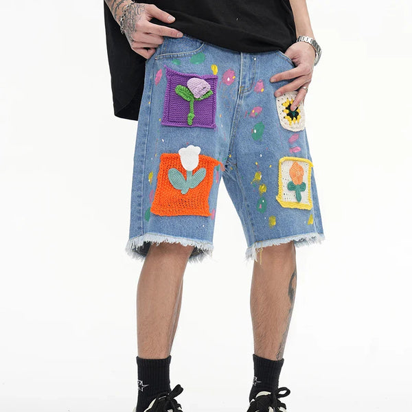Heritage Botanical Knitted Pattern Denim Shorts