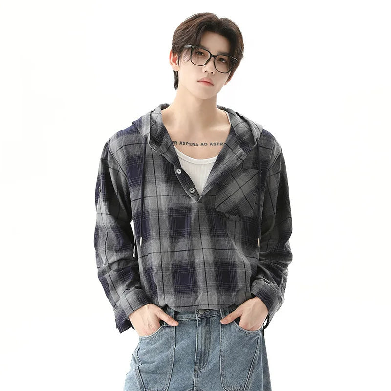 Urban-Edge Plaid Drawstring Hooded T-Shirt