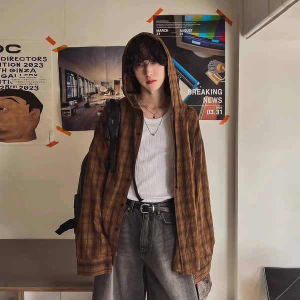 Hood-Top Plaid Casual Long Shirt