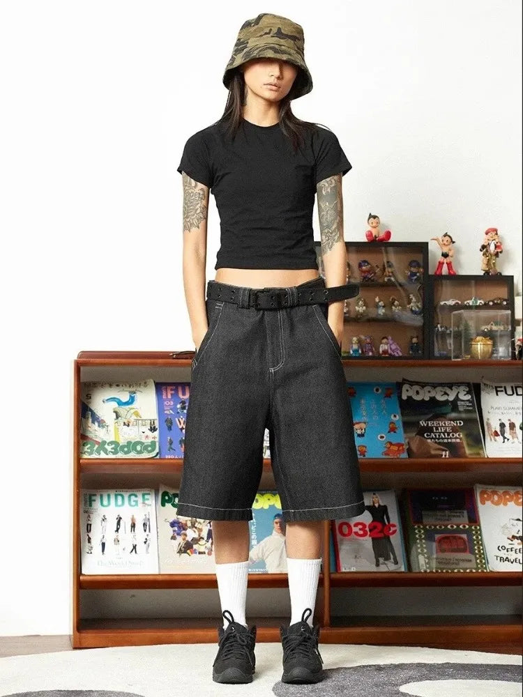 Y2K Baggy Jean Şort, önden görünüm — Navra Wear