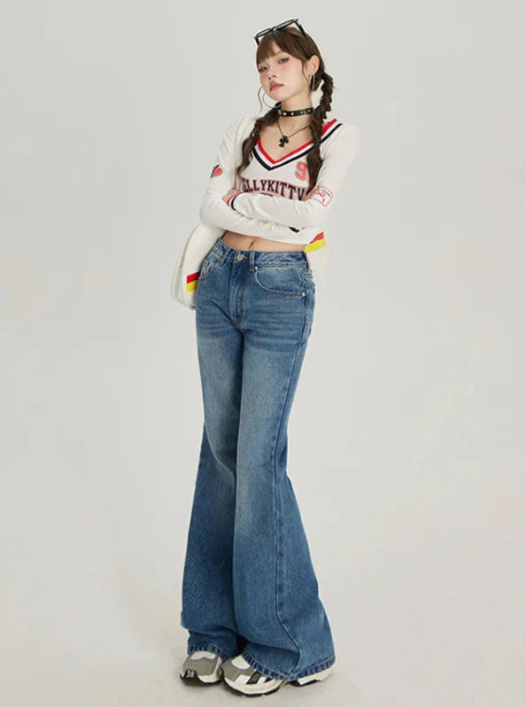 Vintage Yüksek Bel İspanyol Paça Jean Pantolon, önden görünüm — Navra Wear
