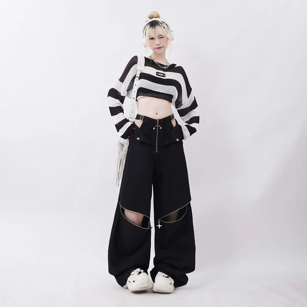 Dark Zip Design High-Rise Street Pants