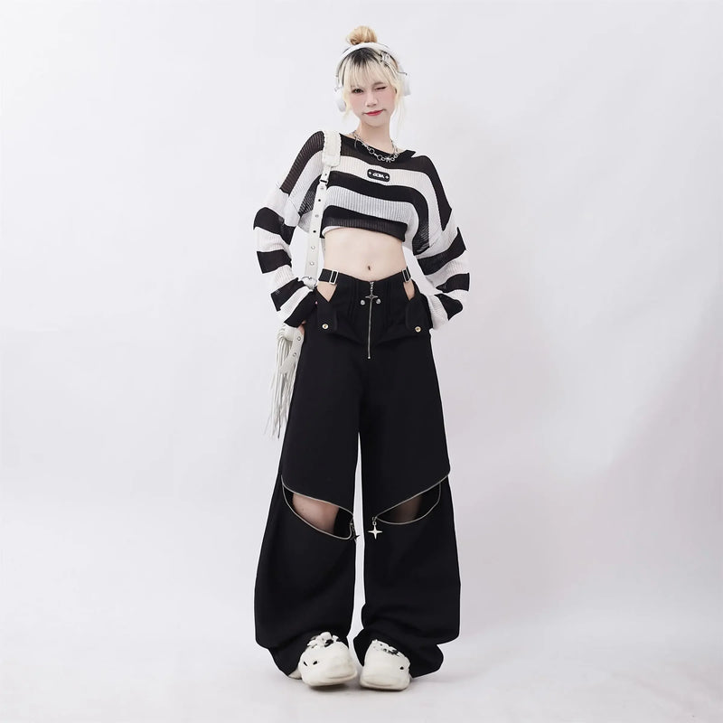 Dark Zip Design High-Rise Street Pants