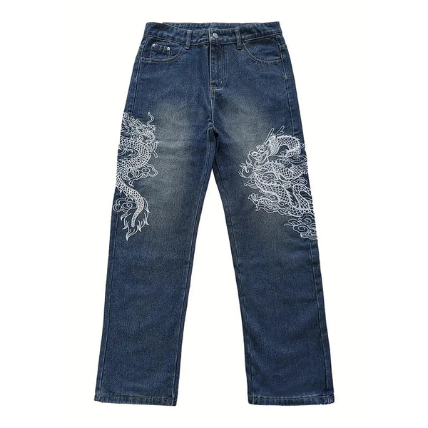 Dragon Stitched Relaxed Blue Wash Denim