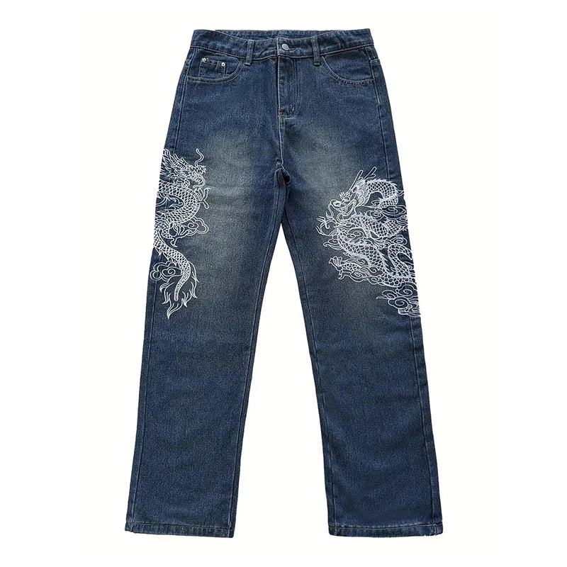 Dragon Stitched Relaxed Blue Wash Denim
