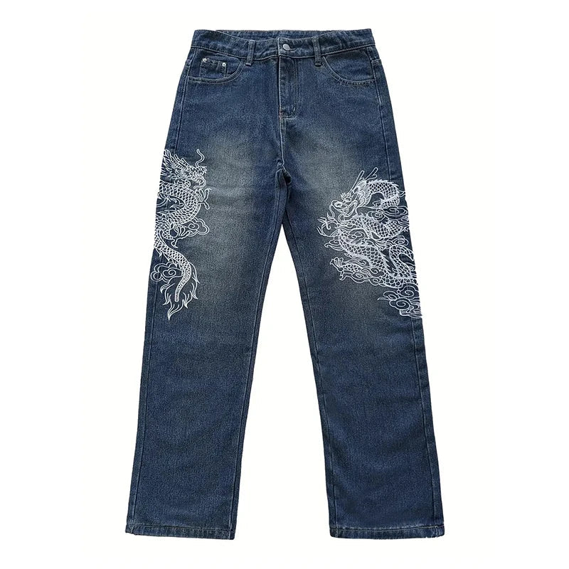 Yıkanmış Baggy Ejderha Baskılı Jean Pantolon, önden görünüm — Navra Wear