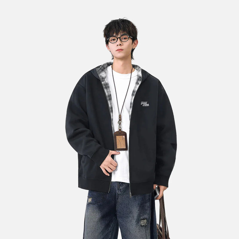 Lined Plaid Warm Zip Hoodie