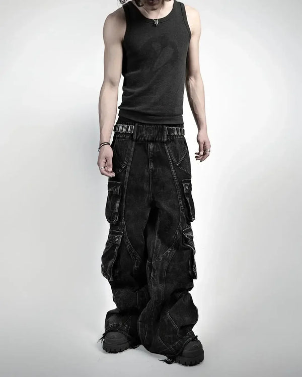 Model wearing the black Rebel Raider Cargo Jeans