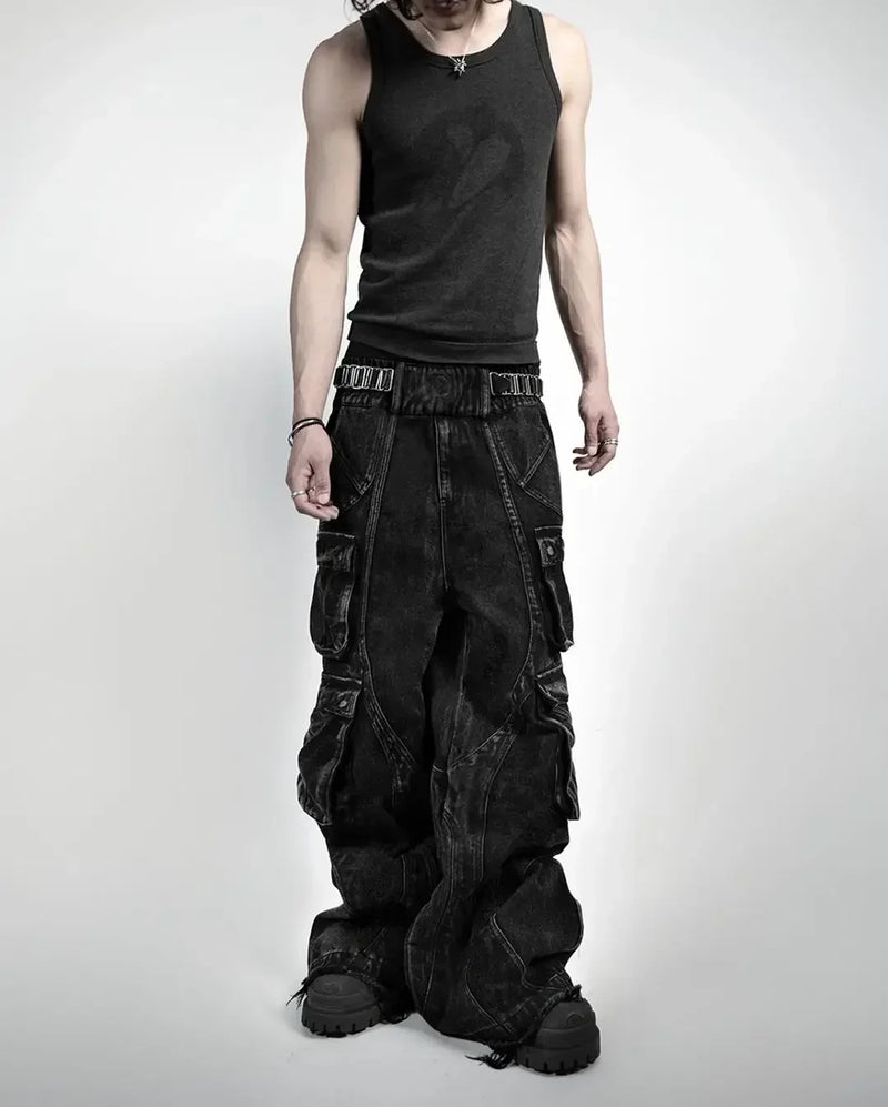Model wearing the black Rebel Raider Cargo Jeans