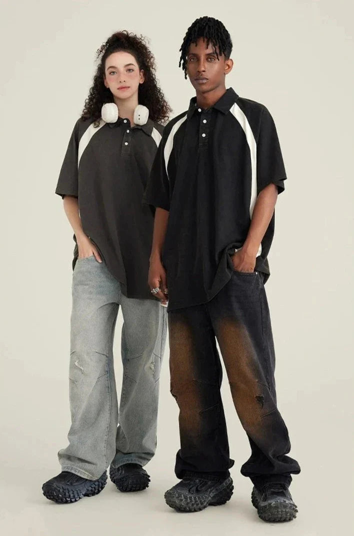 Digital-Age Distress-Washed Contrast Color Placket-Neck T-Shirt