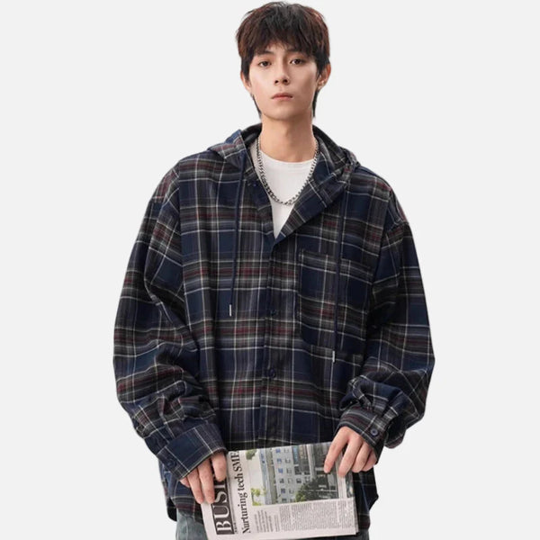 Plaid Drawstring Hood Easy Shirt