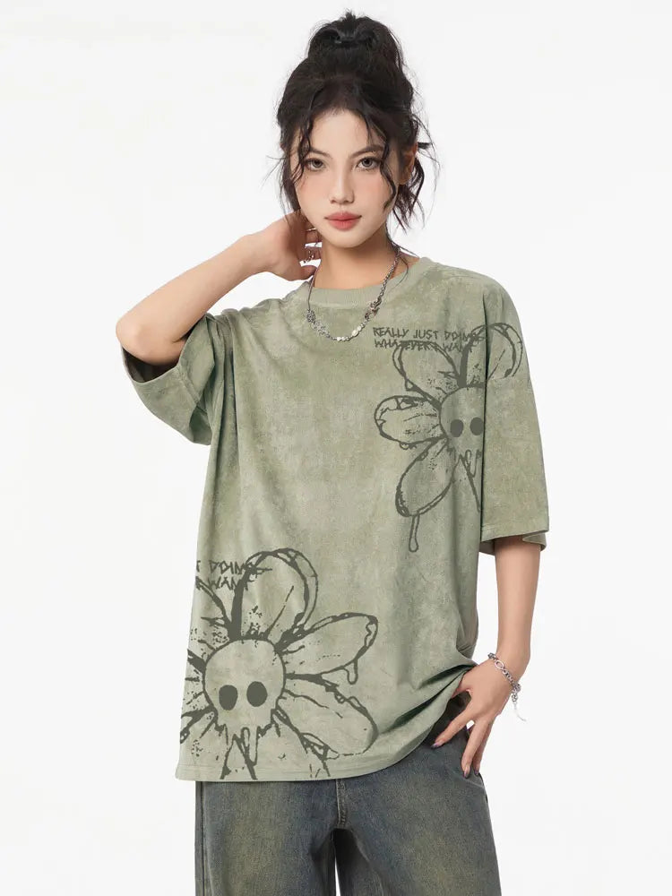 Sun-Bleached Blossom Floral Bone-Face Illustrated T-Shirt