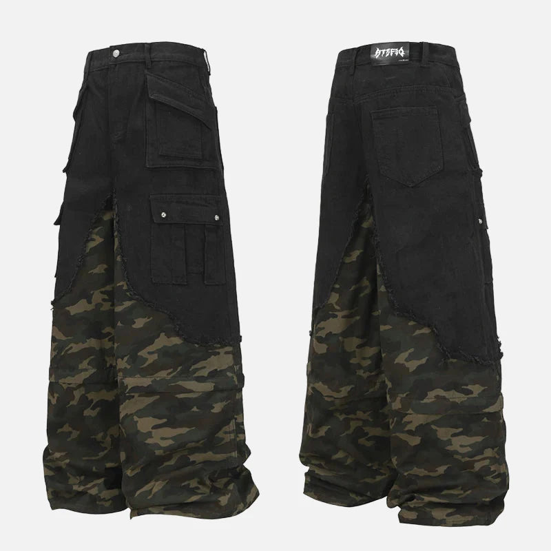 Metro Woodland Spliced Wide Leg Street Jeans