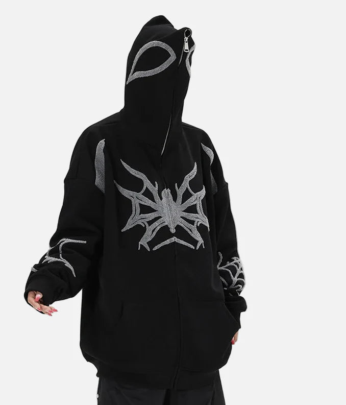 Web Print Dark Zip-Up Hooded Sweatshirt