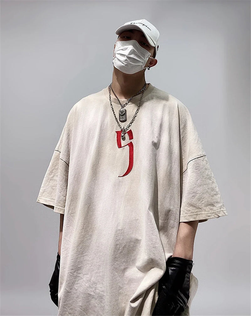 Sewn-Detail Retro-Faded Anti-Establishment Hip Hop T-Shirt