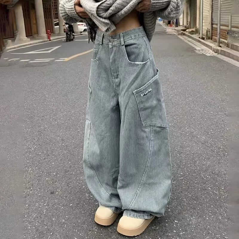 2000s Striped Curved Knife Bell Leg Utility Denim