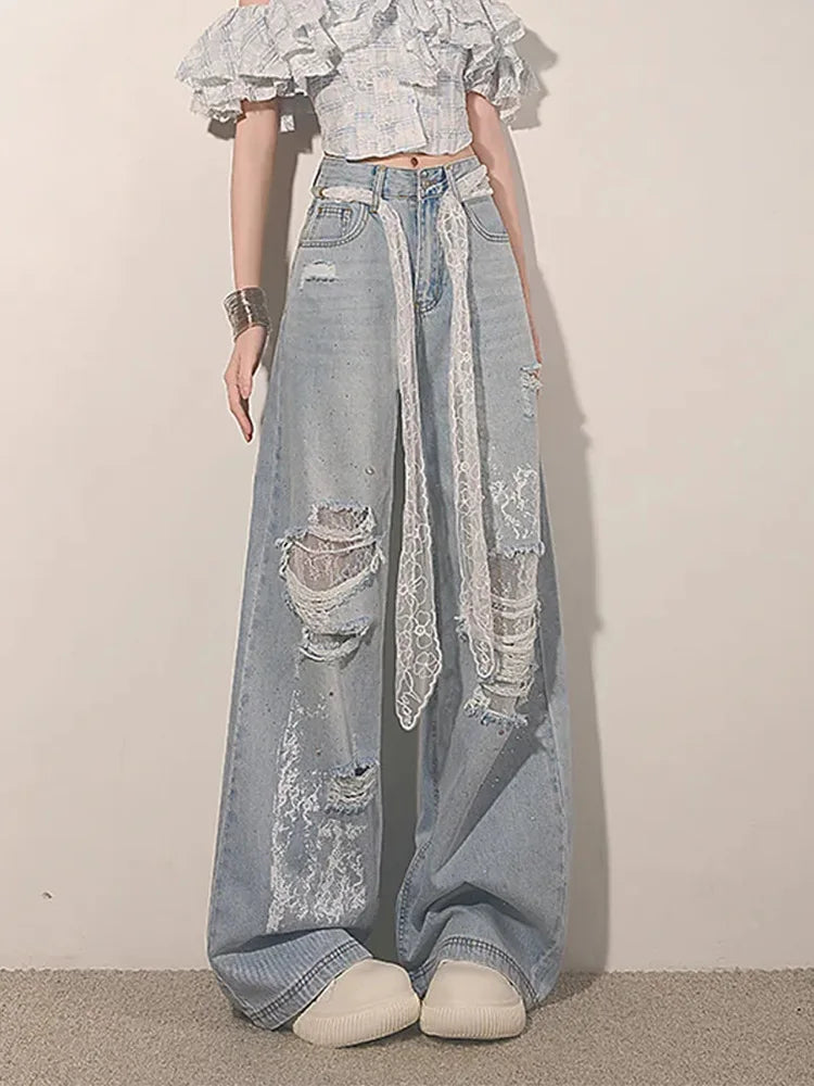 Women High-Rise Torn Tie Mosaic Denim