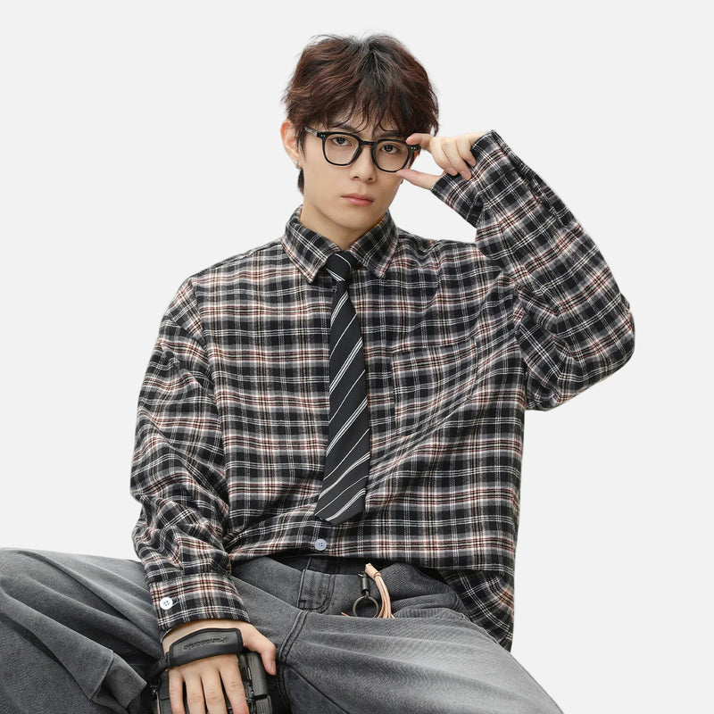 Color Splice Plaid Retro Long Shirt