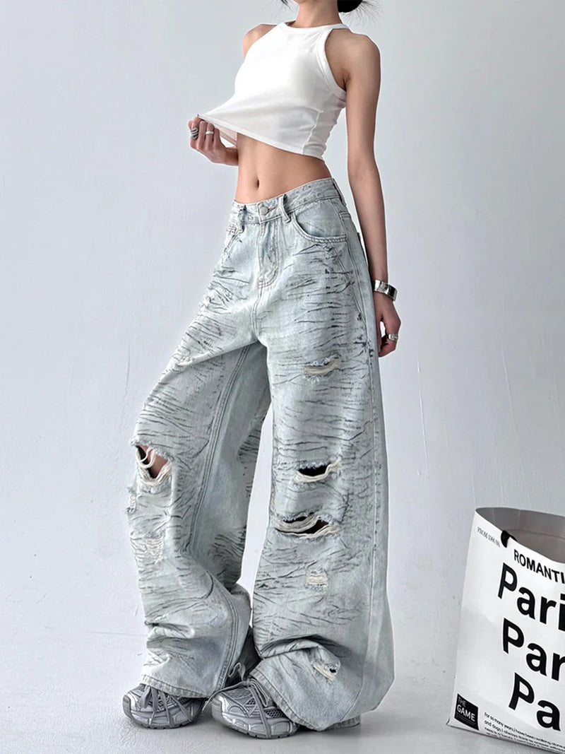 High-Rise Spliced Hollow Out Denim