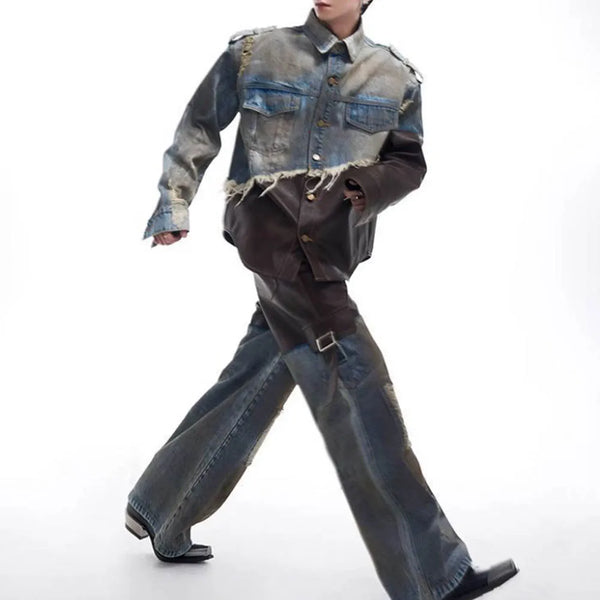 Versatile Mosaic Denim & Leather Jacket alternatif görünüm