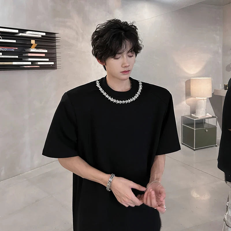 Classic-Wash Drop-Shoulder Relaxed Chain Shoulder Pad T-Shirt