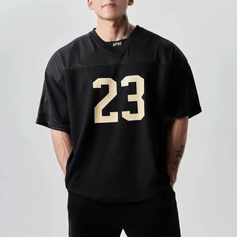 Sporty Stars-and-Stripes Style Print Jersey Mesh T-Shirt