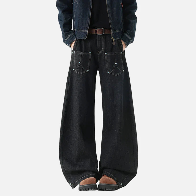 Versatile Plain Tone Beading Bell Leg Denim