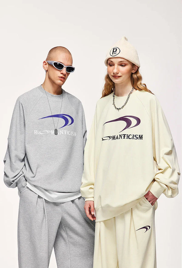 Model wearing the light grey Modern Romanticism Sweatshirt in a gray background