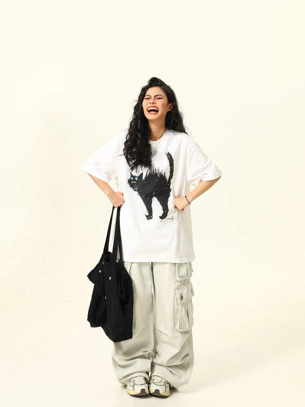 Nostalgia All-American Feline Cartoon Print T-Shirt