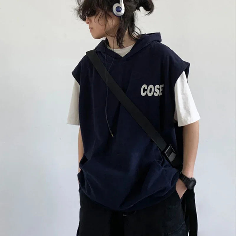 Sleeveless Cotton Letter Imprinted Tank Hooded T-Shirt