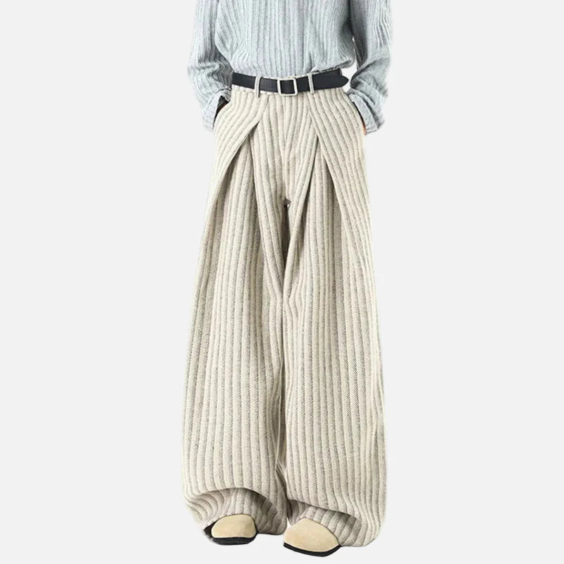 Wool Stripe Pleat Wide-Leg