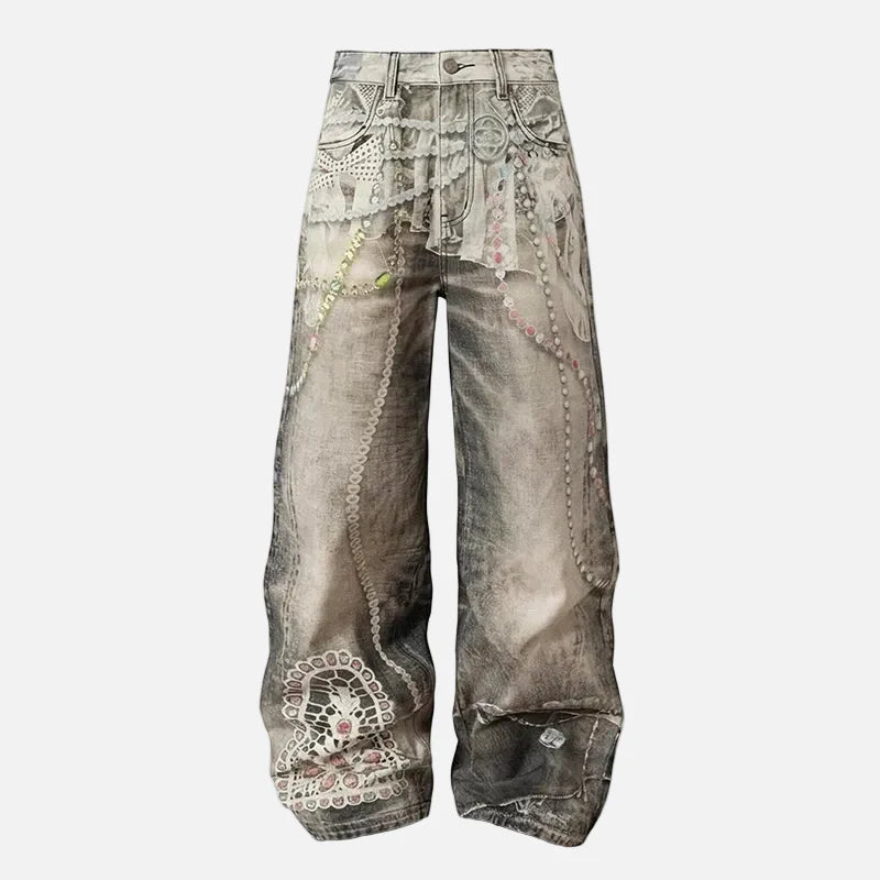Western High Street 3D Print Bell Leg Denim