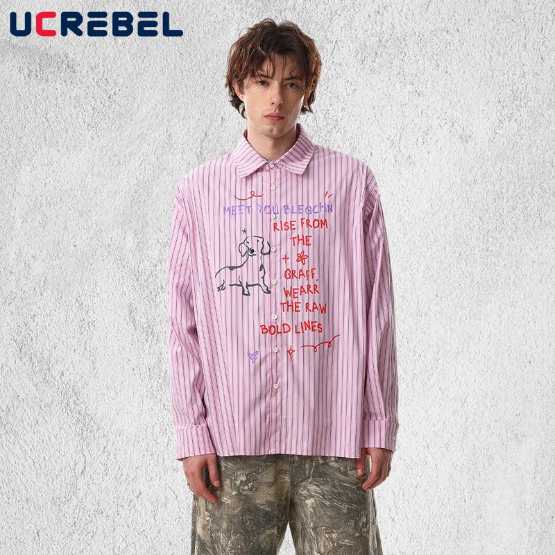 Grafiti Baskılı Çizgili Gömlek, önden görünüm — Navra Wear