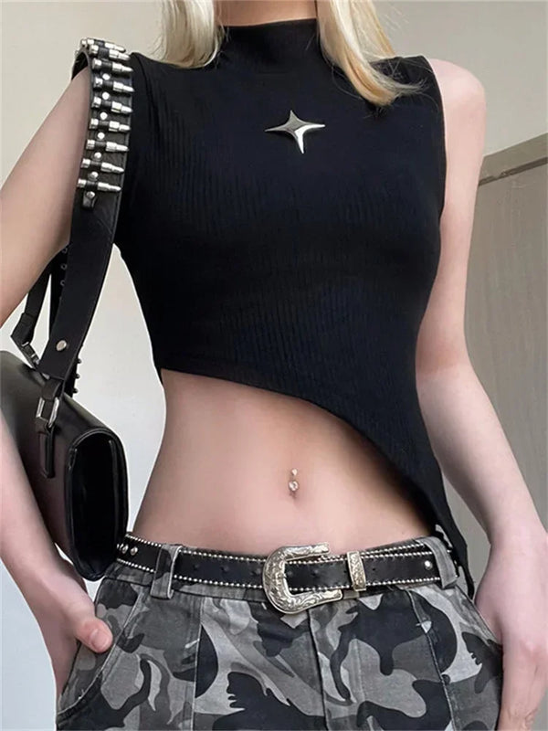 Model wearing the black Y2K Starlight Shimmer Top