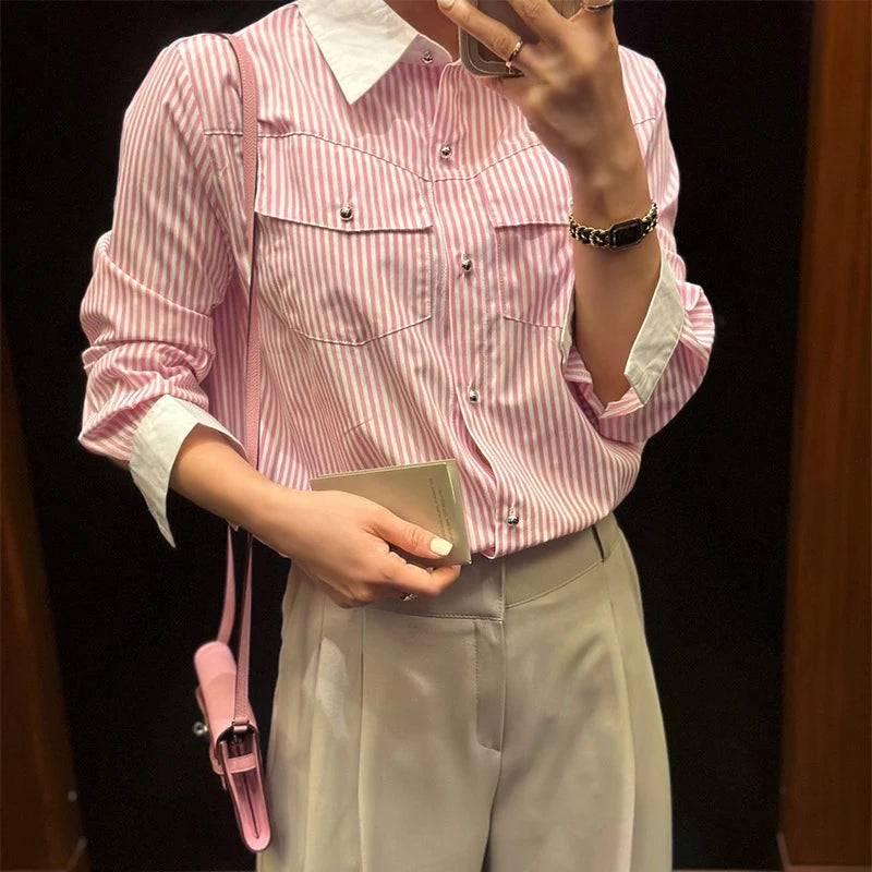 Kadın Çizgili Günlük Gömlek, önden görünüm — Navra Wear