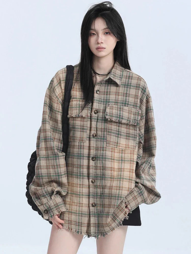 Fringe Plaid Street Vintage Long Blouse