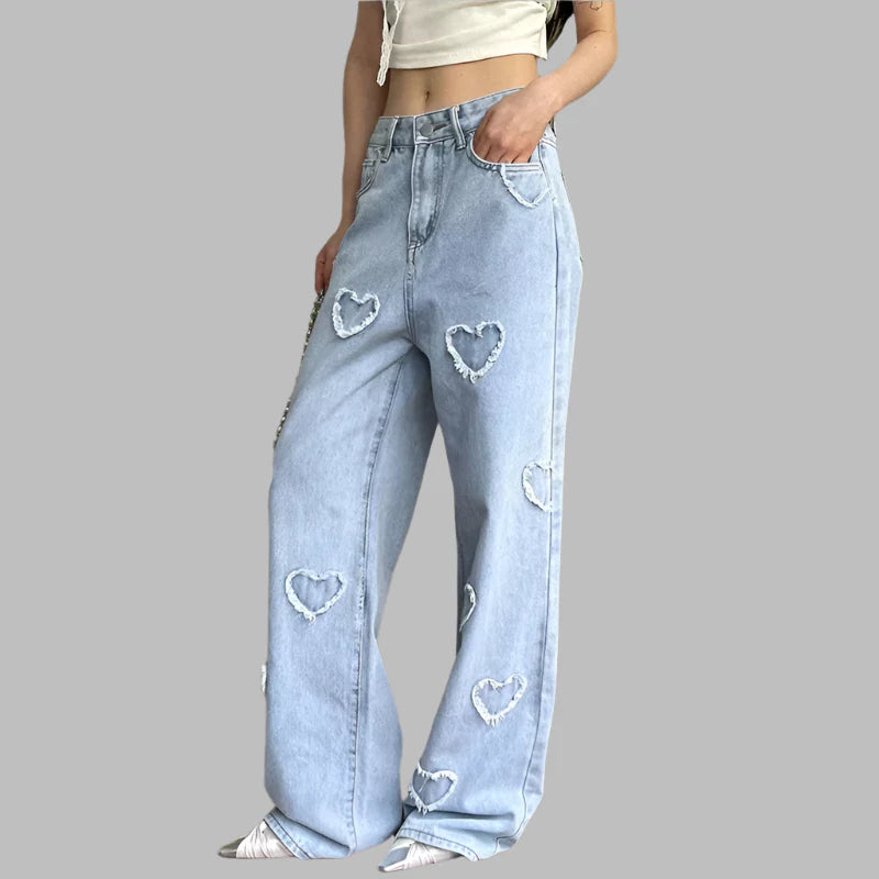 Heart Print Summer Denim Trousers Denim