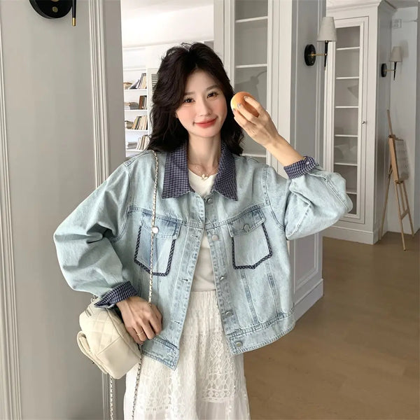 Women Classic Grid Spliced Denim Jacket