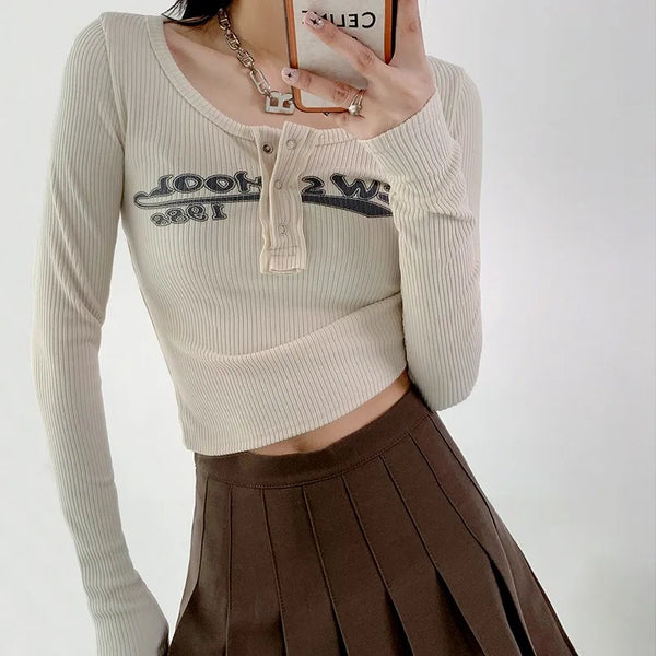 Time-Worn Letter Print Ribbed Midriff T-Shirt