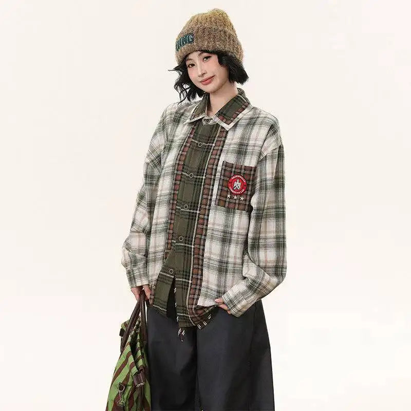 Mixed Check Panel Long Sleeve Shirt
