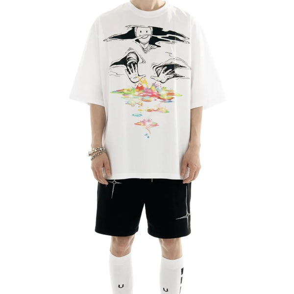 Lyrical Graphic Print Oversized Denim Shorts
